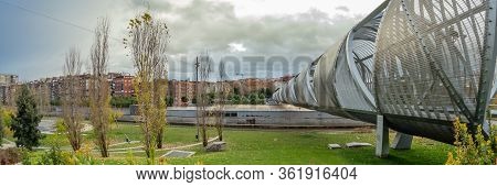 Madrid, Spain - December 13, 2018: The Arganzuela Bridge Over Manzanares River Downtown Madrid, Spai