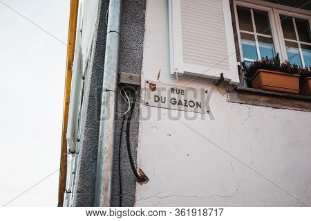 French Street Rue Du Gazon On The Old Vintage House In Alsatian Village