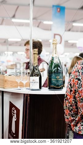 Strasbourg, France - Feb 16, 2020: Ratafia And Frederic Maletrez Champagne Bottle At The Vignerons I
