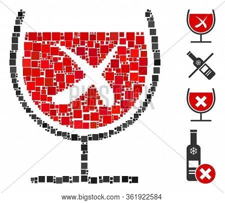 Mosaic No Wine Drinking Icon Organized From Square Elements In Various Sizes And Color Hues. Vector 