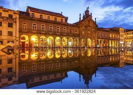 Night View Of Republic Square (praca Da Republica) In Braga City, Portugal. Exterior Of Arcada (or L