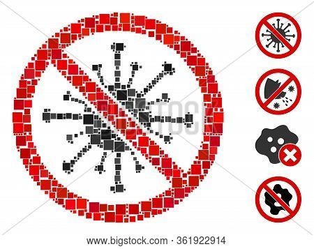 Collage Stop Coronavirus Icon Composed Of Square Items In Various Sizes And Color Hues. Vector Squar