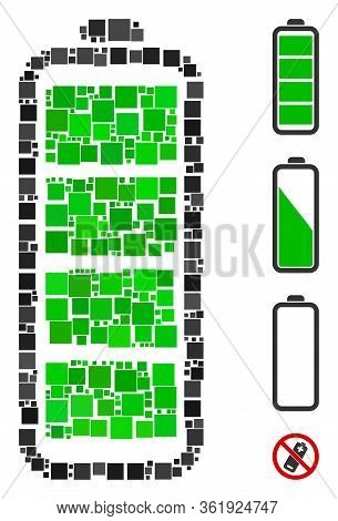 Mosaic Full Battery Icon Constructed From Square Items In Random Sizes And Color Hues. Vector Square