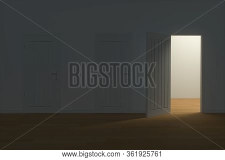 Wooden Door With White Night Scene, 3D Rendering.