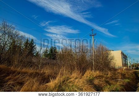 Dirty Rustic Outskirts Space Ugly Scenic View Of Past Ussr Country Side Dry Yellow Warm Grass And Co