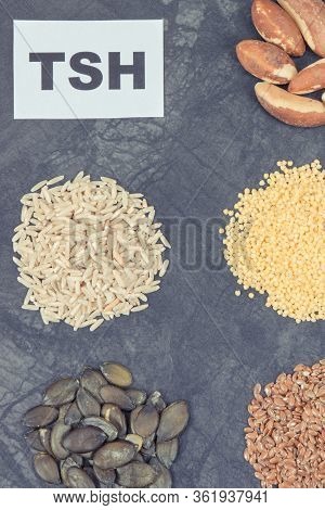 Inscription Tsh With Nutritious Products And Ingredients As Source Vitamins And Minerals For Healthy