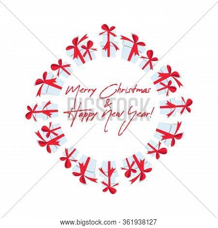 Christmas Presents Boxes. Horizontal Long Seamless Pattern With Handdrawn Lettering Merry Christmas.