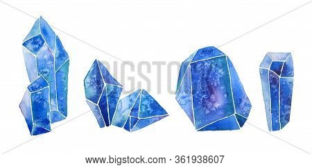 Watercolor Hand Drawn Illustration Set Of Gemstone Cystals Percious Semiprecious Minerals With Facet