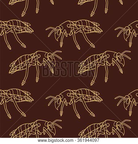 Side View Outline Style Wasps Seamless Pattern On Brown Background