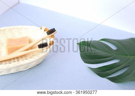 The Concept Of Zero Waste. Bamboo Toothbrush, Solid Shampoo