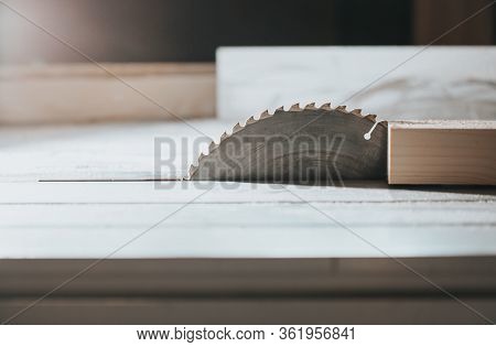 Close Up Of Saw In Joinery, Wood Carving, Cutting Wood, Industrial Concept