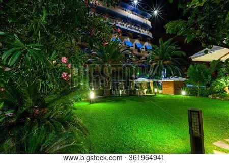 Lido Di Camaiore, Italy - September 5, 2011: The Deserted Patio And Garden At The Hotel In Lido Di C