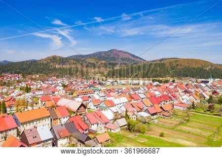 Croatia, Town Of Delnice, Gorski Kotar, Panoramic View Of Town Center From Drone In Spring, Mountain