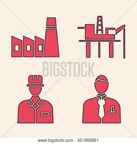 Set Businessman Or Stock Market Trader, Oil Industrial Factory Building, Oil Platform In The Sea And