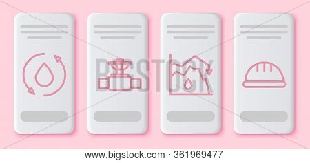 Set Line Oil Drop, Industry Pipe And Valve, Drop In Crude Oil Price And Worker Safety Helmet. White 
