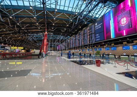 Moscow, Russia - 2020: Sheremetyevo International Airport, Terminal C. Check-in Counters. Electronic