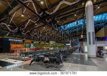 Moscow, Russia - 2020: Sheremetyevo International Airport, Terminal C. Passengers Sit On Armchairs I