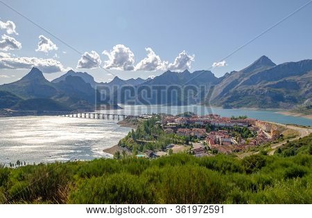 Riano Panoramic View Leon Spain, Long Bridge Across The Lake