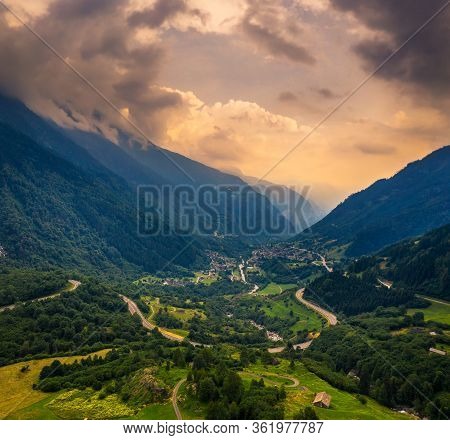 Aerial View Of The San Bernardino Mountain Pass In Switzerland. This High Mountain Pass In The Swiss