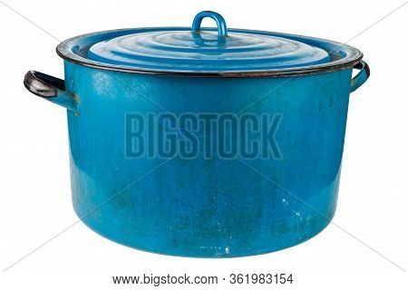 Old Large Enameled Blue Pot With Cover Isolated On White Background