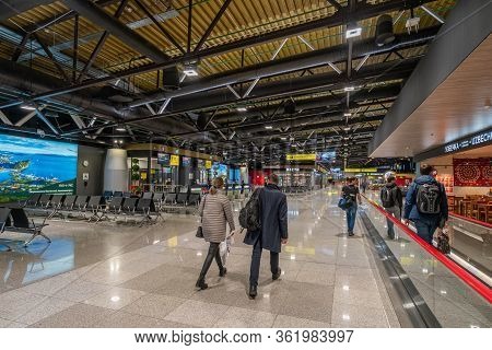 Moscow, Russia - 2020: Sheremetyevo International Airport, Passengers Inside The Terminal.