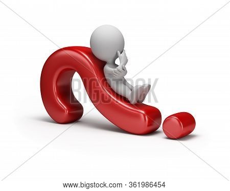3d Man Thinking While Lying On A Question Mark. 3d Image. White Background.