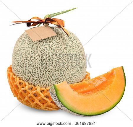 Melon And Slice With Ribbin Label Isolated, Melon Clipping Path
