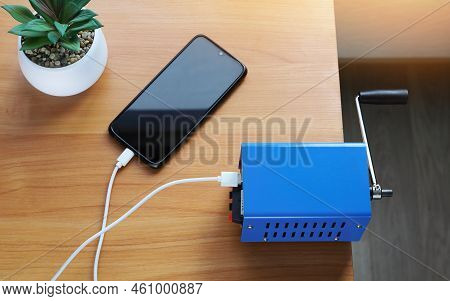 Charger Device Portable Electricity Generator, Hand Rotation To Charge Other Devices, On Table Close