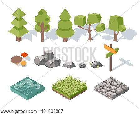 Flat Elements Of Nature. Trees And Bushes, Rocks And Water, Grass And Mushrooms, Landscape Design. V