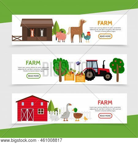 Flat Farm Horizontal Banners With Horse Chicken Pig Tractor Barn Rabbit Duck Goose Fence Trees Crate