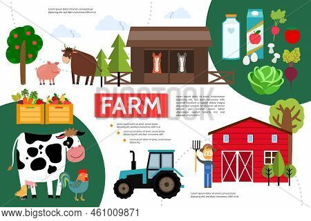 Flat Farming And Agriculture Infographic Template With Animals Farmer Barn Tractor Trees Milk Juice 