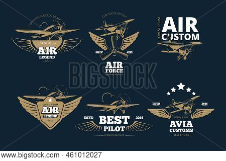 Flight Adventures Vector Logos And Labels. Air Legend Custom And Force, Best Pilot Illustration