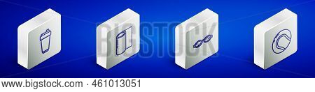 Set Isometric Line Fitness Shaker, Mat Roll, Glasses For Swimming And Baseball Ball Icon. Vector