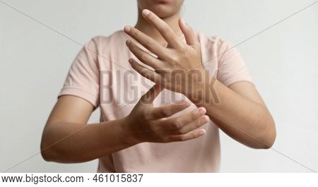 Woman Hand Is Sore And Numb, Exhausted, Tingling. Guillain-barre Syndrome, Massage Physiotherapby Ot