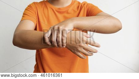 Woman Hand Massage Physiotherapy Wrist Is Sore And Numb, Exhausted, Tingling. Guillain-barre Syndrom