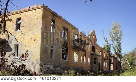Destroyed House Psychiatric Hospital After Bombing Russian Army In The Village Semenovka Near Slavya