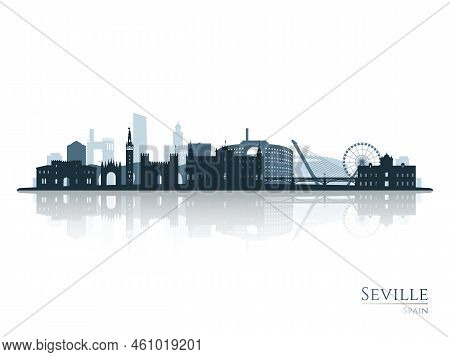 Sevilla Skyline Silhouette With Reflection. Landscape Sevilla, Spain. Vector Illustration.