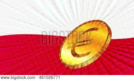 Polish Flag And Golden Coin With Sign Currency Euro Eur. Cbdc Concept. Vector Illustration.