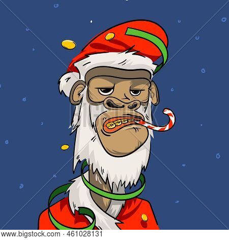 Crypto Santa. Christmas Crypto Ape Character Nft Variant. Ape Dressed As Santa Claus. Vector Illustr