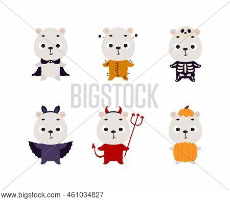 Cute Halloween Polar Bear Set. Cartoon Animal Character Collection For Kids T-shirts, Nursery Decora