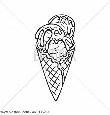 Ice Cream Balls In Waffle Cone Outline Icon, Sprinkles Of Caramel Or Syrup Drip On Sundae