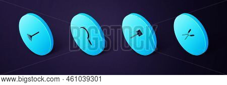 Set Isometric Gardening Handmade Scissor, Shovel, Sickle And Rake For Leaves Icon. Vector