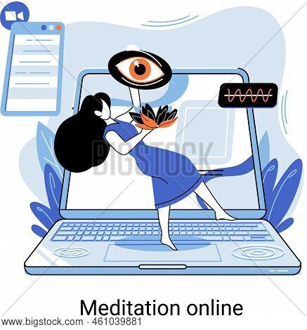 Meditation Online Concept. Girl Watching Online Classes On Laptop, Practicing Yoga. Live Stream, Int