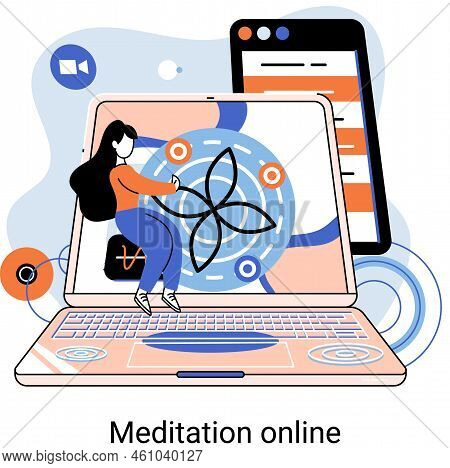 Meditation Online Metaphor. Classes On Laptop, Practicing Yoga, Mental Exercises. Live Stream, Inter