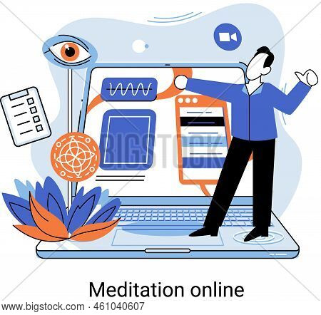 Meditation Online Metaphor. Classes On Laptop, Practicing Yoga, Mental Exercises. Live Stream, Inter