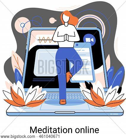 Meditation Online Metaphor. Classes On Laptop, Practicing Yoga, Mental Exercises. Live Stream, Inter
