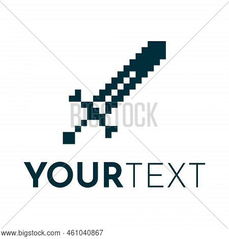 Black And White Simple Vector 1bit Pixel Art Emblem Of Medieval Knights Sword In The Style Of Old Ar
