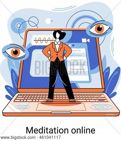 Meditation Online Concept. Girl Watching Online Classes On Laptop, Practicing Yoga. Live Stream, Int