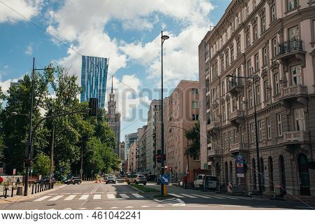 Warsaw, Poland - June 22, 2022: Old City Architecture. Landmark Cityscape. Diverse See Sights. Stree