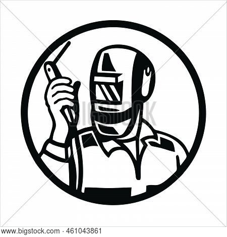 Welder Working With Welding Helmet In Flat Design Style